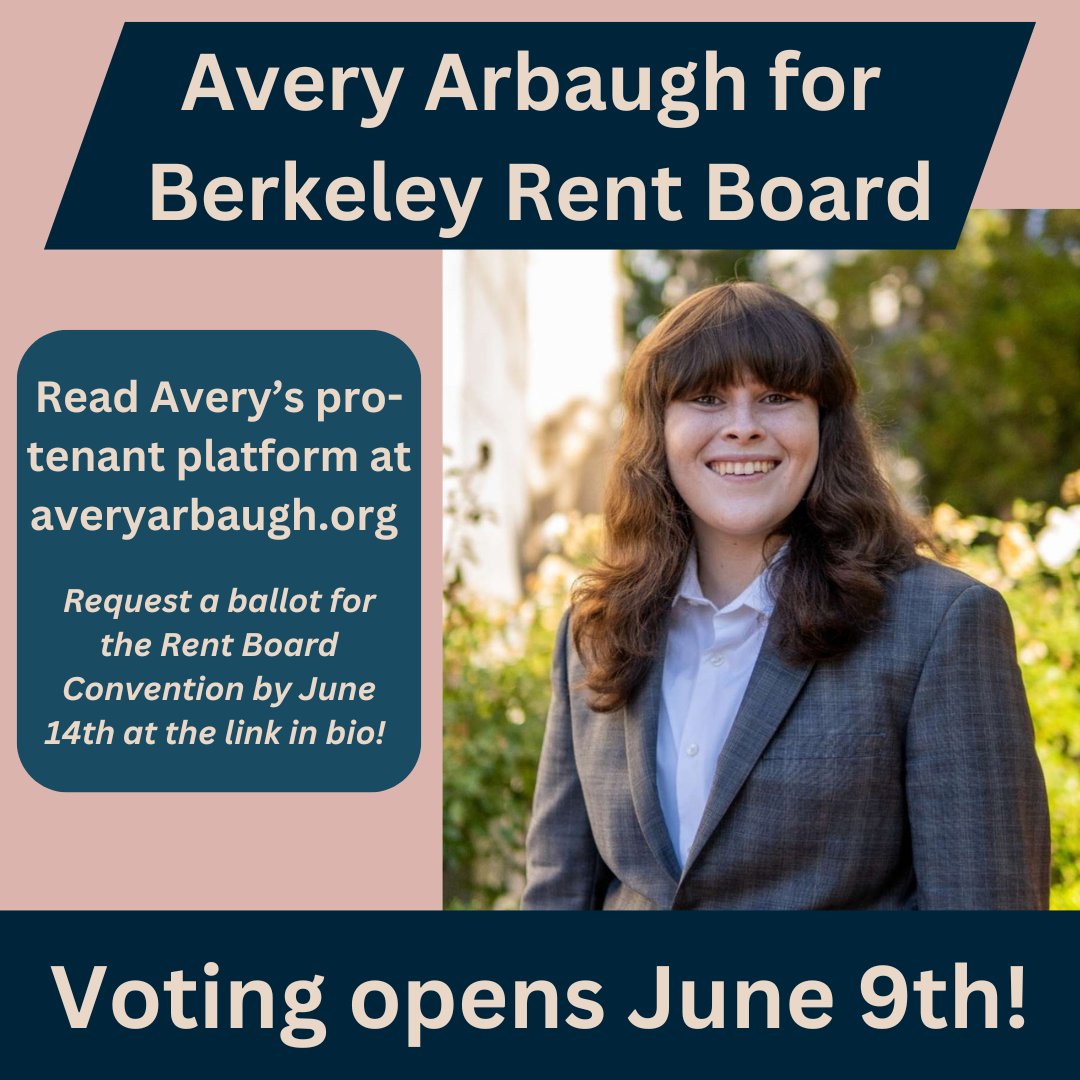 I’m running to be part of the Tenants’ Slate for Berkeley Rent Board!

When corporate PACs are trying to erode the integrity of our Rent Board, we need representatives who will be stalwart advocates for preserving tenant protections.

Learn more: averyarbaugh.org