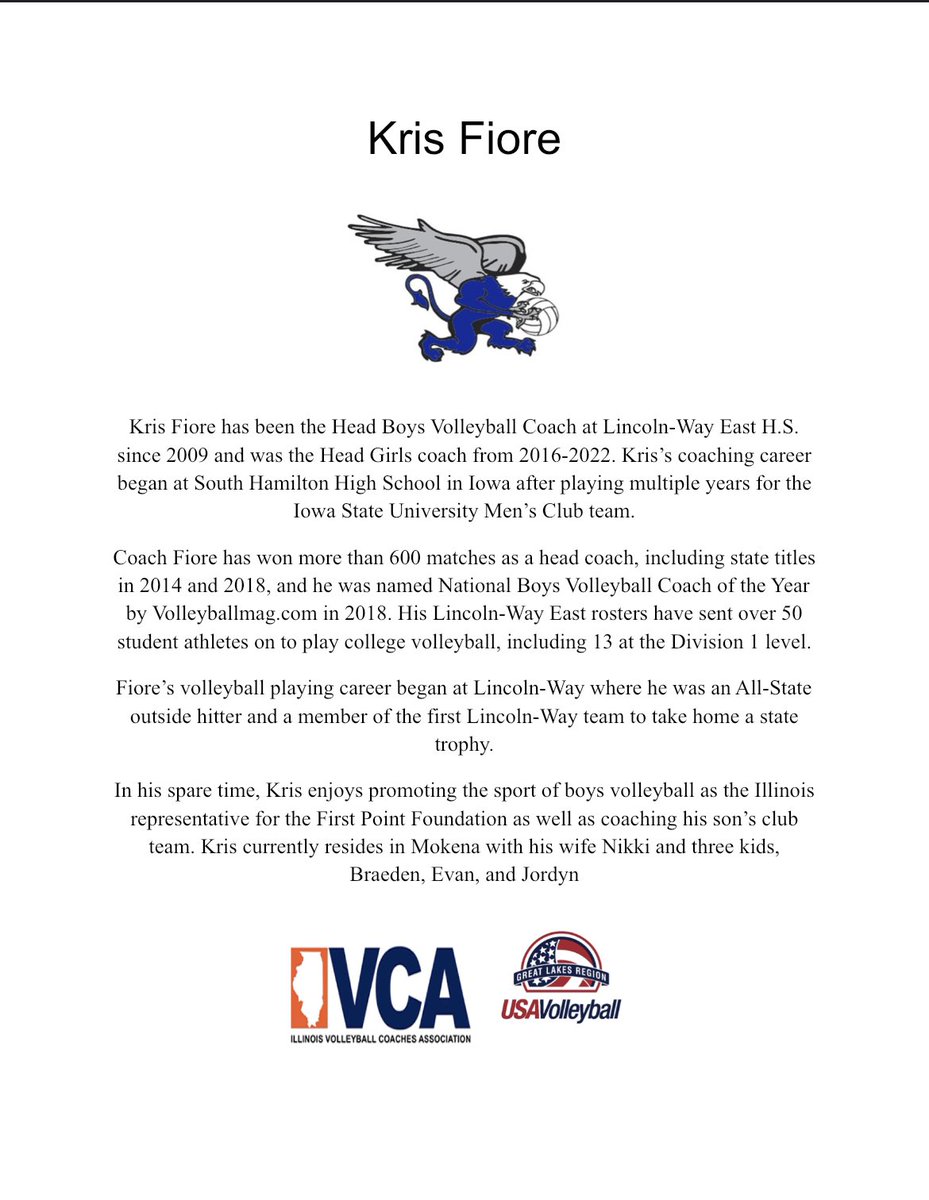 IVCAcoaches's tweet image. In partnership w/@GreatLakesVB we are excited to recognize Kris Fiore as an IVCA Class 2024 Hall of Fame inductee! Coach Fiore, your impact on boys volleyball goes far beyond your own gym! From all of athletes &amp;amp; coaches in Illinois, THANK YOU! 🔵🏐🟠 #IllinoisGrown