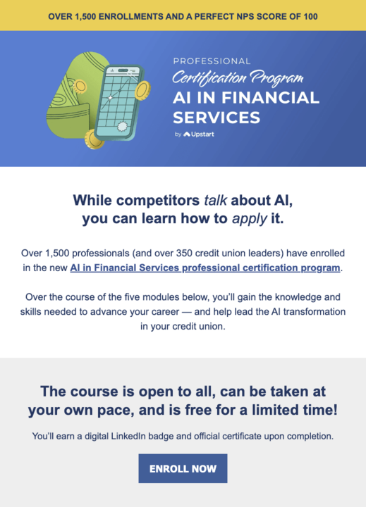 davegirouard's tweet photo. We launched this AI Certification program for Financial Services execs just a few weeks ago and already more than 1,500 professionals have enrolled.

And our NPS score is literally 💯 ! https://t.co/uPp1hphOD5