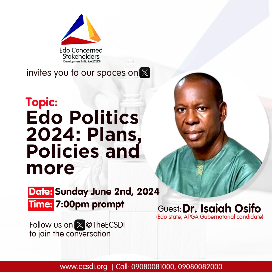 SAVE THE DATE.
APGA Gubernetorial Candidate, Dr Isiah Osifo is live this SUNDAY AT 7PM on our X-spaces.

Come one come all. Please share widely.

It promises to be another interesting session.

#Edo2024
#politics
#APGA