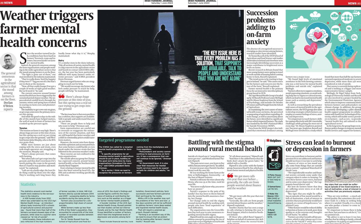 UCD Psychology (@ucdpsychology) on Twitter photo Great piece in <a href="/farmersjournal/">Irish Farmers Journal</a> highlighting the issue of #mentalhealth in #farming. Includes work by the #UCDAgriMentalHealthGroup, led by <a href="/louisemchugh/">Louise McHugh</a> and <a href="/tomas_russell/">Tomás Russell</a>. Find out more at ucd.ie/agrimentalheal…
#UCDPsychStories Great piece in <a href="/farmersjournal/">Irish Farmers Journal</a> highlighting the issue of #mentalhealth in #farming. Includes work by the #UCDAgriMentalHealthGroup, led by <a href="/louisemchugh/">Louise McHugh</a> and <a href="/tomas_russell/">Tomás Russell</a>. Find out more at ucd.ie/agrimentalheal…
#UCDPsychStories