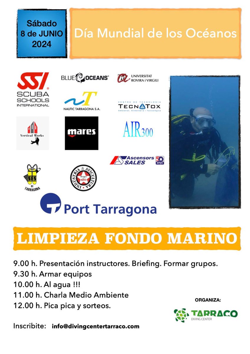 Celebra amb nosaltres el Dia Mundial dels Oceans i participa en la neteja de fons marí al port de Tarragona, el proper dissabte 8 de juny. Pots participar tant si busseges como si no, és una activitat per a tota la familia.