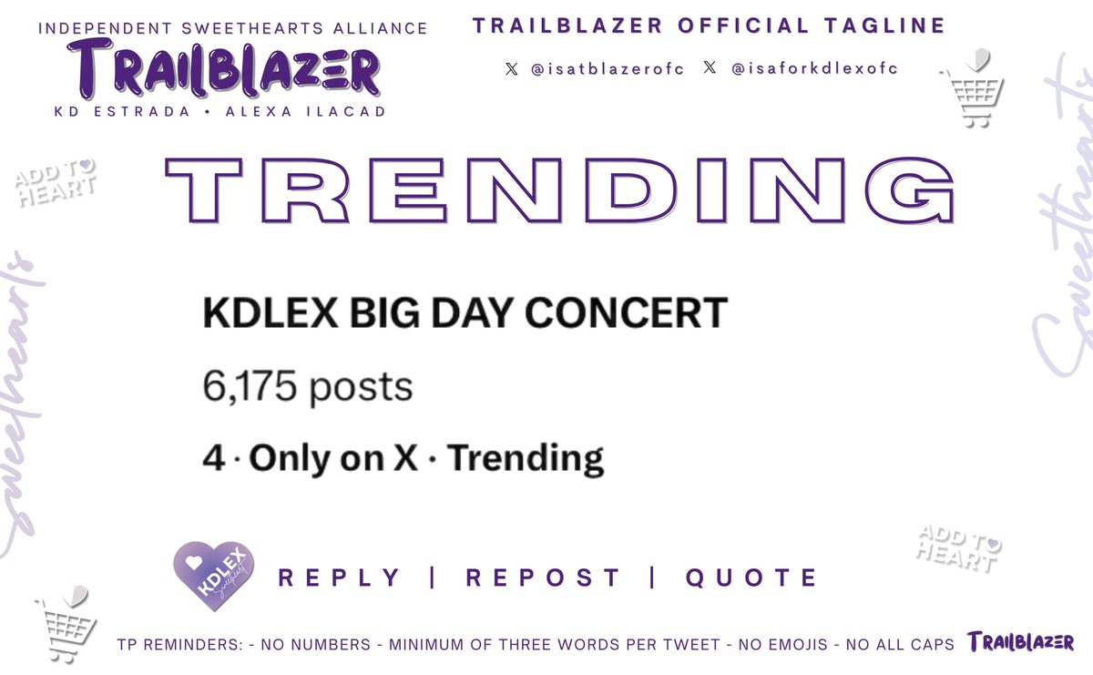 Speed, Sweethearts and Solids!!!! We are now trending at spot number FOUR!

Let us aim for the highest spot again. More fresh posts!!!!

KDLEX BIG DAY CONCERT

#KDLEXAddToHeart
#AddToHeartKDLEXConcert
#KdLex