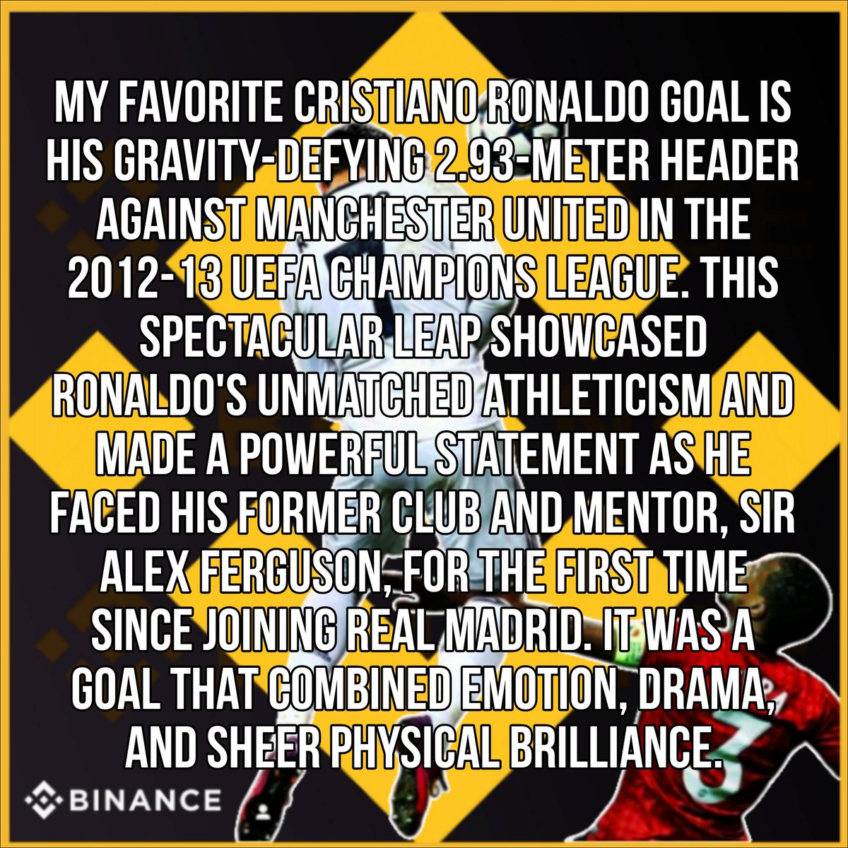 THARINDUkz11's tweet photo. @binance @Cristiano #CR7Worldwide #Binance  #NFT #CR7 $BNB 
Why It's a Favorite - Ronaldo’s leap reached an astounding height of 2.93 meters. This incredible feat of athleticism showcased his exceptional physical capabilities and timing, making the header a standout moment in football history. https://t.co/LrkeJAzf0D