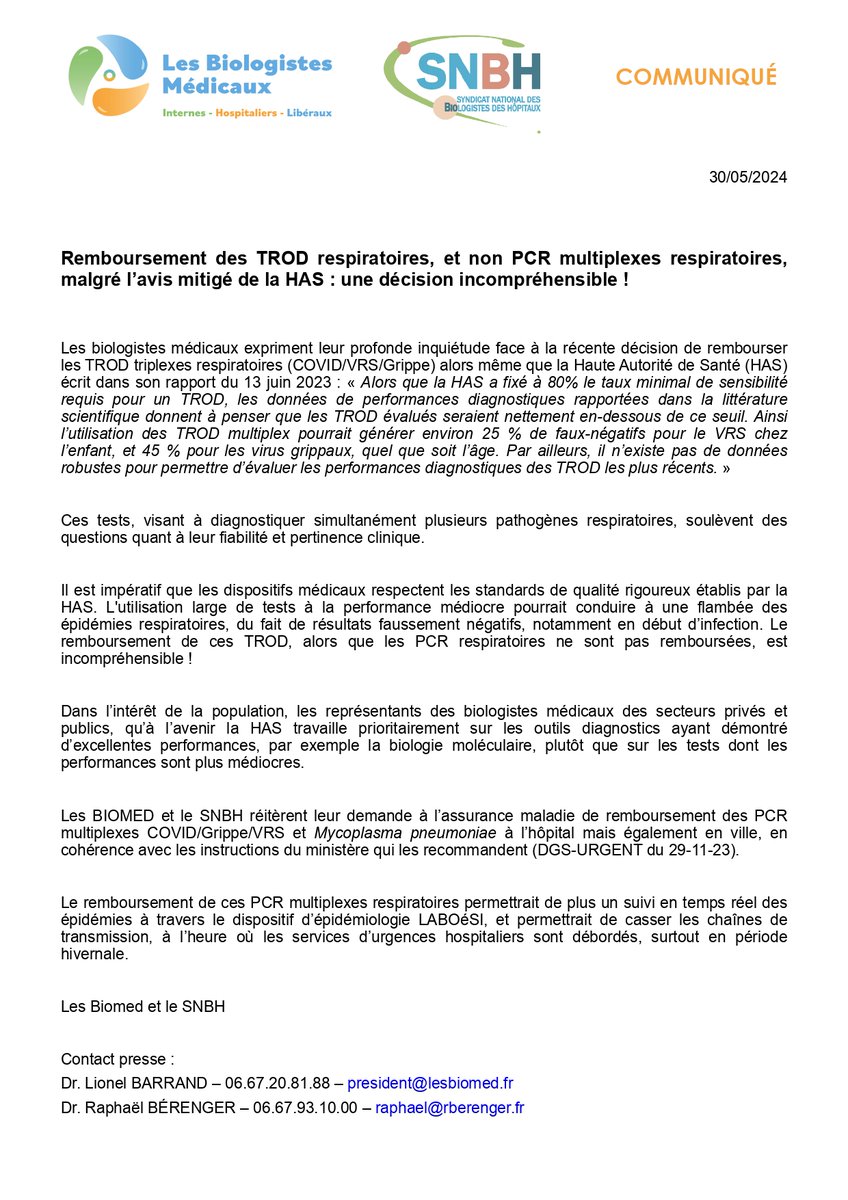 TROD versus PCR multiplexes respiratoires : le monde à l'envers !
Retrouvez notre communiqué commun avec le @lesnbh 
👉  urlr.me/PfKMk