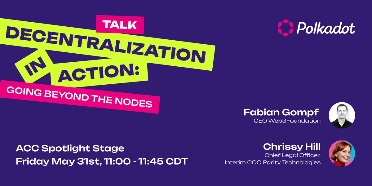 So many things to do and see at #Consensus2024 but you won't want to miss @USCHill & @FabianGompf talk about how @paritytech and @Web3foundation are embracing decentralization with the world’s largest DAO

🗓️ Friday, May 31
⏰ 11:00 AM
📍 ACC: Spotlight Stage
