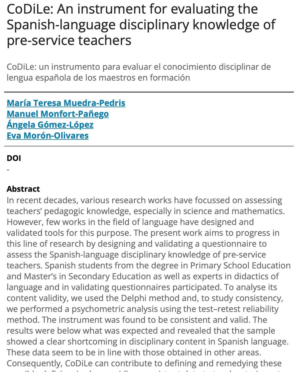 🔬📊 CoDiLe uses the Delphi method and test-retest psychometric analysis to ensure the validity and consistency of its questionnaire. A significant advancement in evaluating teacher knowledge. @REPedagogia revistadepedagogia.org/rep/vol82/iss2…  #EducationalInnovation #CoDiLe @EdWeekTeacher