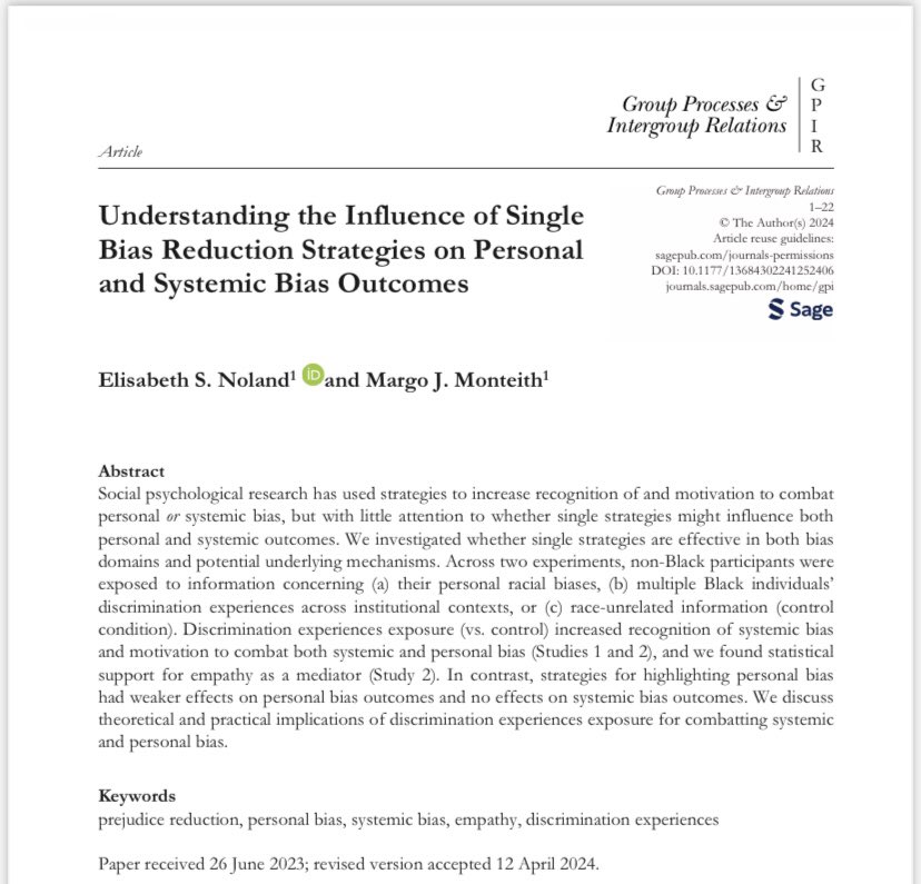 I’m SO excited to share my first, first authored paper out in GPIR with my wonderful advisor @margo_monteith. This research was a part of my masters thesis work so it’s so special to me! When it comes to combatting bias the focus tends to be either on personal bias or systemic