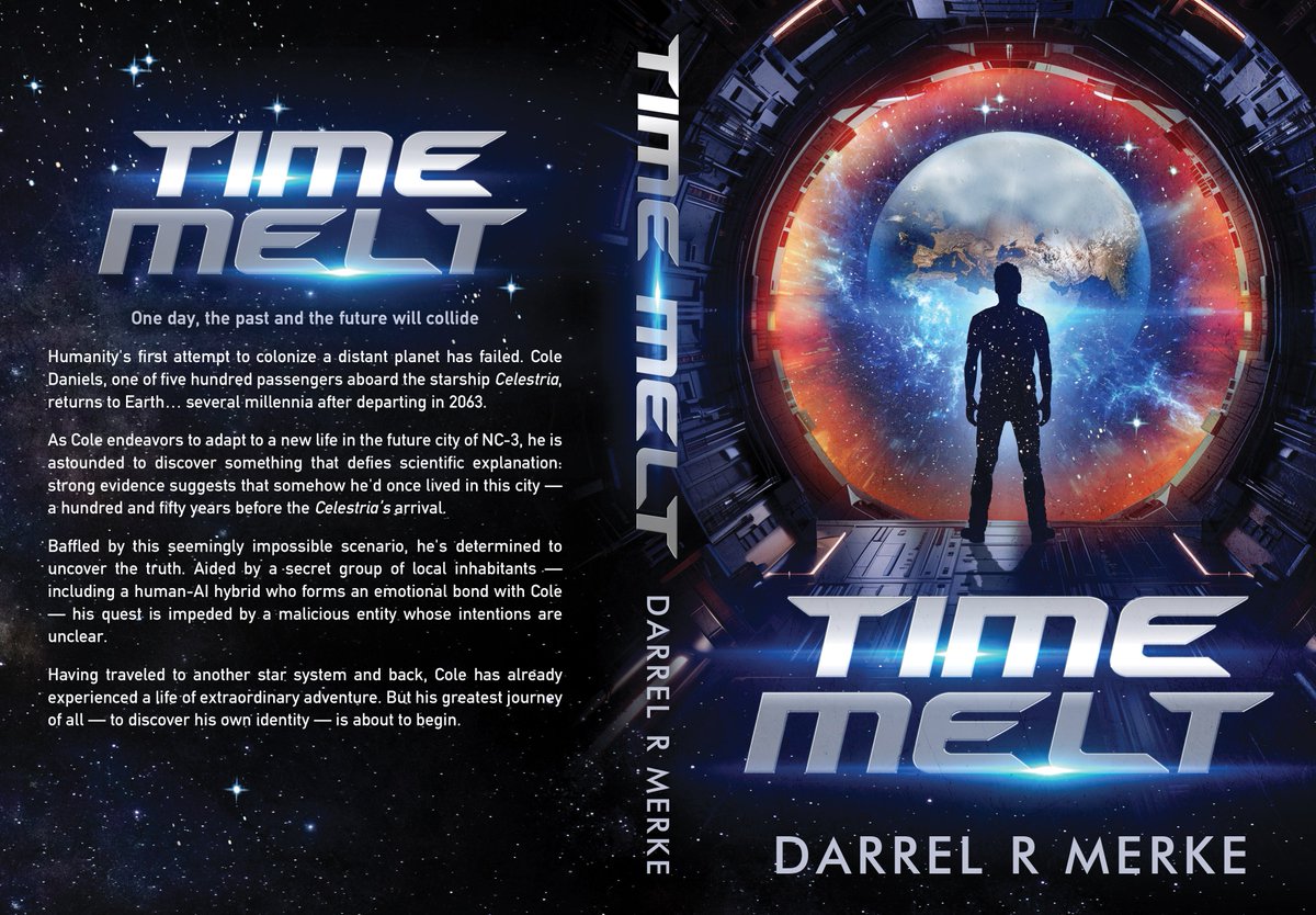 Here's the full paperback cover of my soon-to-be-released sci-fi novel "Time Melt." Complete with blurb on the back.