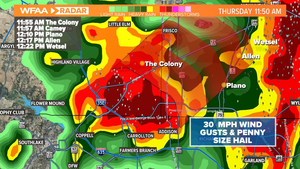 Lewisville & The Colony - Watching a storm over you that could be producing penny size hail and 30 mph wind gusts. It is moving northeast at 30 mph. #wfaaweather