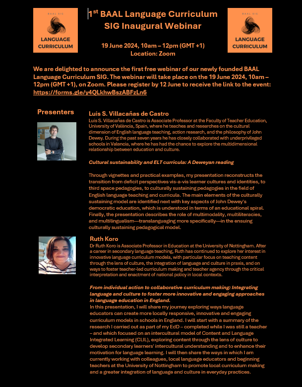 Webinar alert! The inaugural event for the BAAL Language Curriculum SIG takes place on 19th June, 10-12pm GMT+1 on Zoom
To register: forms.gle/y4QLkhwBszABFz…