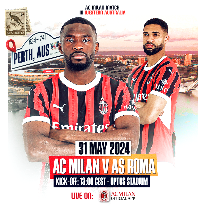 acmilan's tweet photo. ⚠️ Make sure you’re signed up to MyMilan to watch our friendly match in Perth, live on our App! 🤳

#MilanRoma #SempreMilan