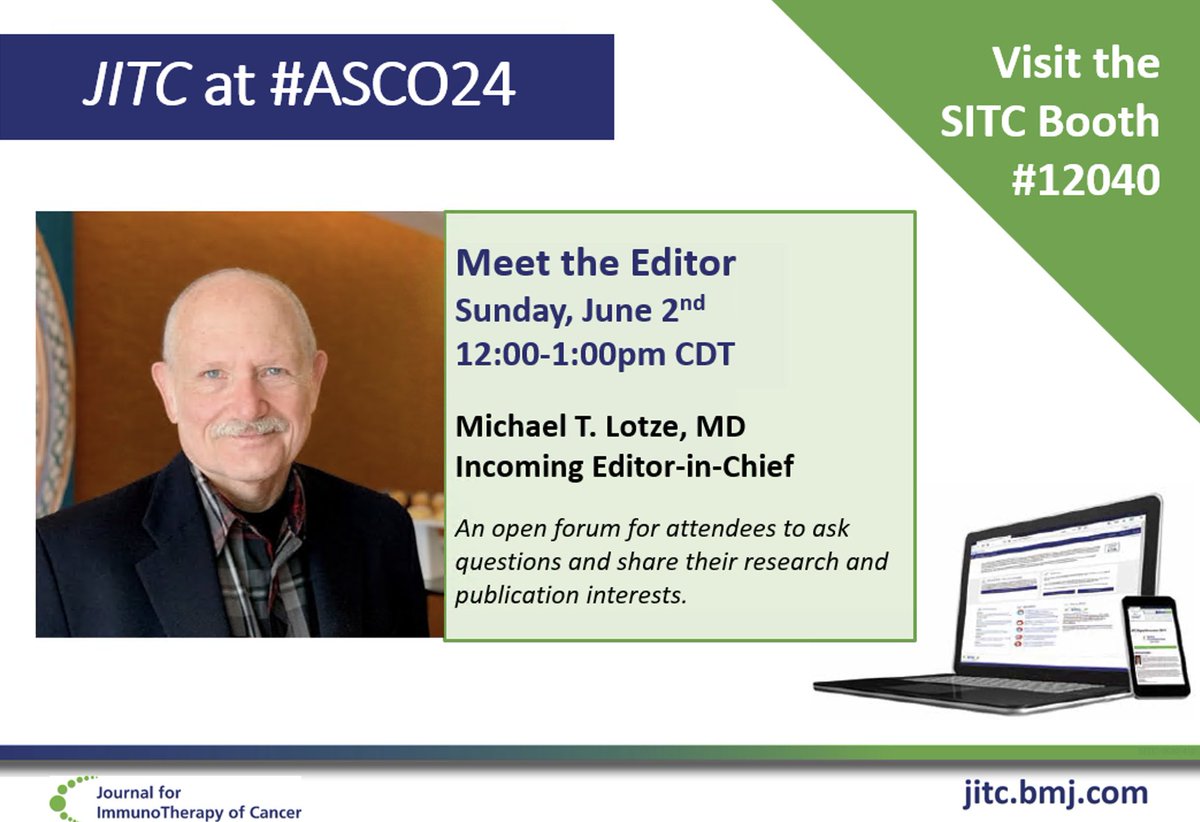 Heading to #ASCO24? Don't forget to stop by SITC booth 12040 to meet the new #JITC Editor-in-Chief Dr. Michael T. Lotze on Sunday, June 2 / 12:00 – 1:00pm CT. He will be available to take questions and hear about your research/publication interests. Come say hi! 👋