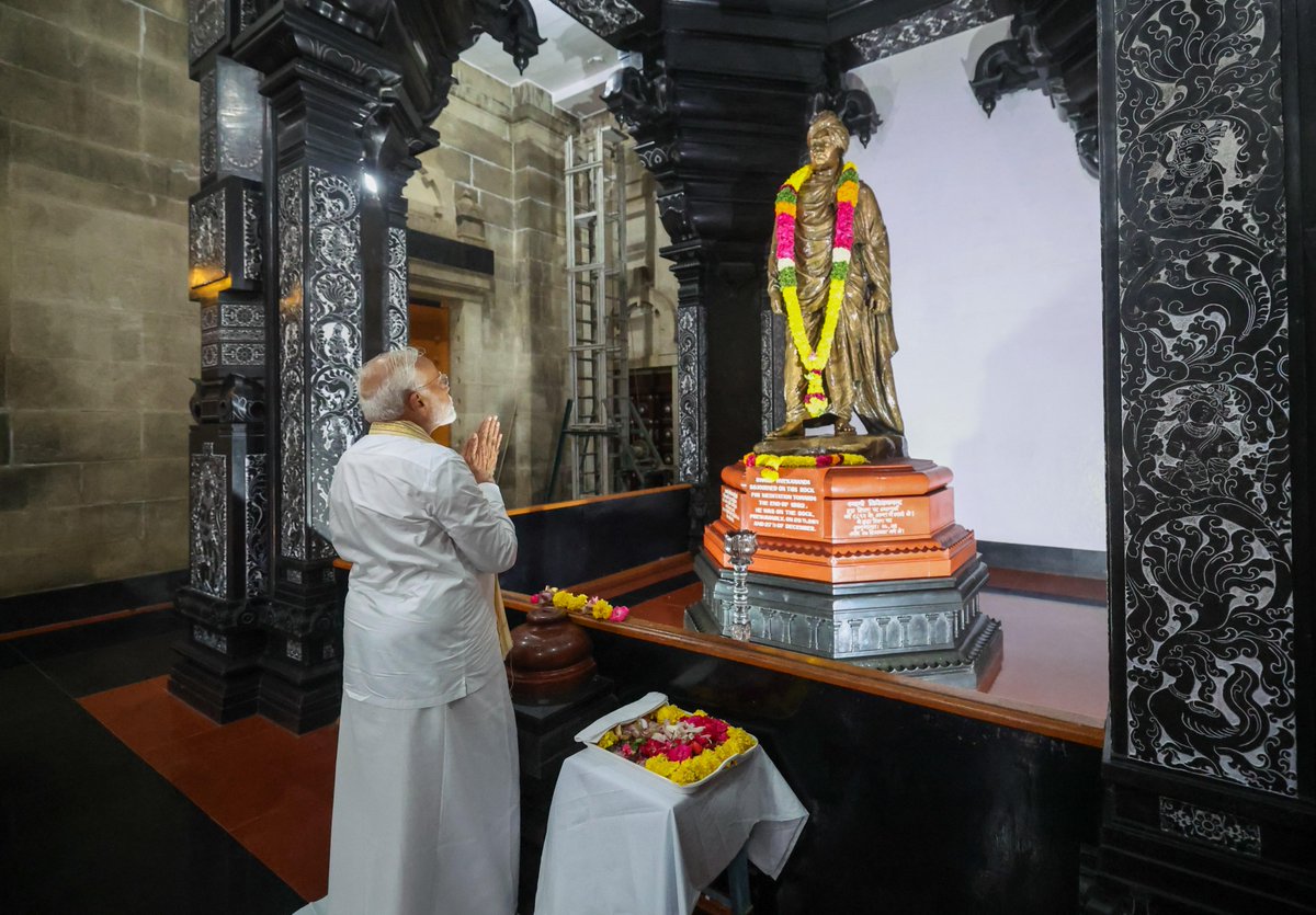 BhajanlalBjp's tweet photo. Visuals from PM Shri @narendramodi Ji visit to Vivekananda Rock Memorial in Kanniyakumari, Tamil Nadu. He will meditate for two days at the Dhyan Mandapam, a place where Swami Vivekanand did meditation. https://t.co/ZyPx6E8yBC
