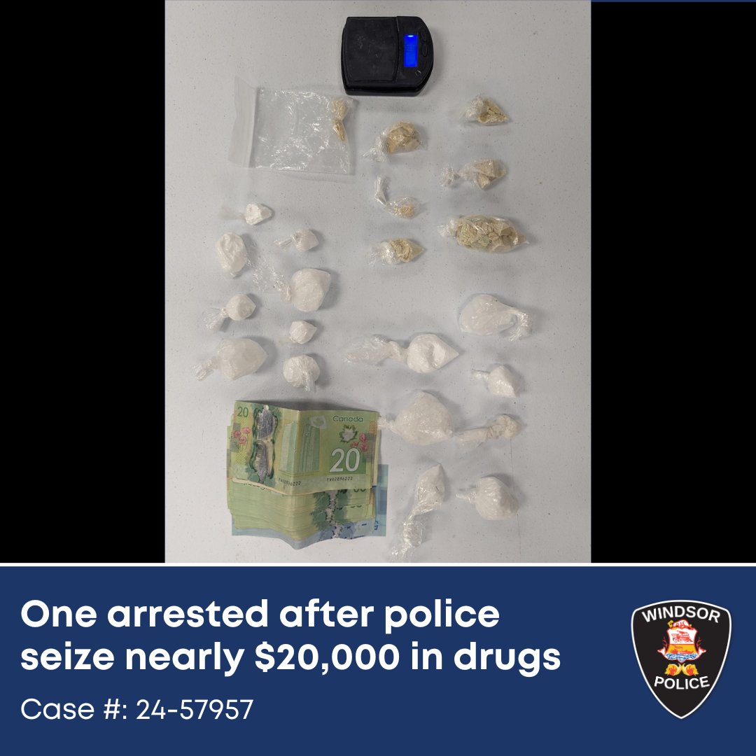 WINDSOR POLICE NEWS RELEASE
Case #: 24-57957
One arrested after police seize nearly $20,000 in drugs

An investigation by the Windsor Police Service has led to the arrest of one suspect and the seizure of almost $20,000 in illegal drugs.

On May 28, 2024, the Windsor Police Drugs