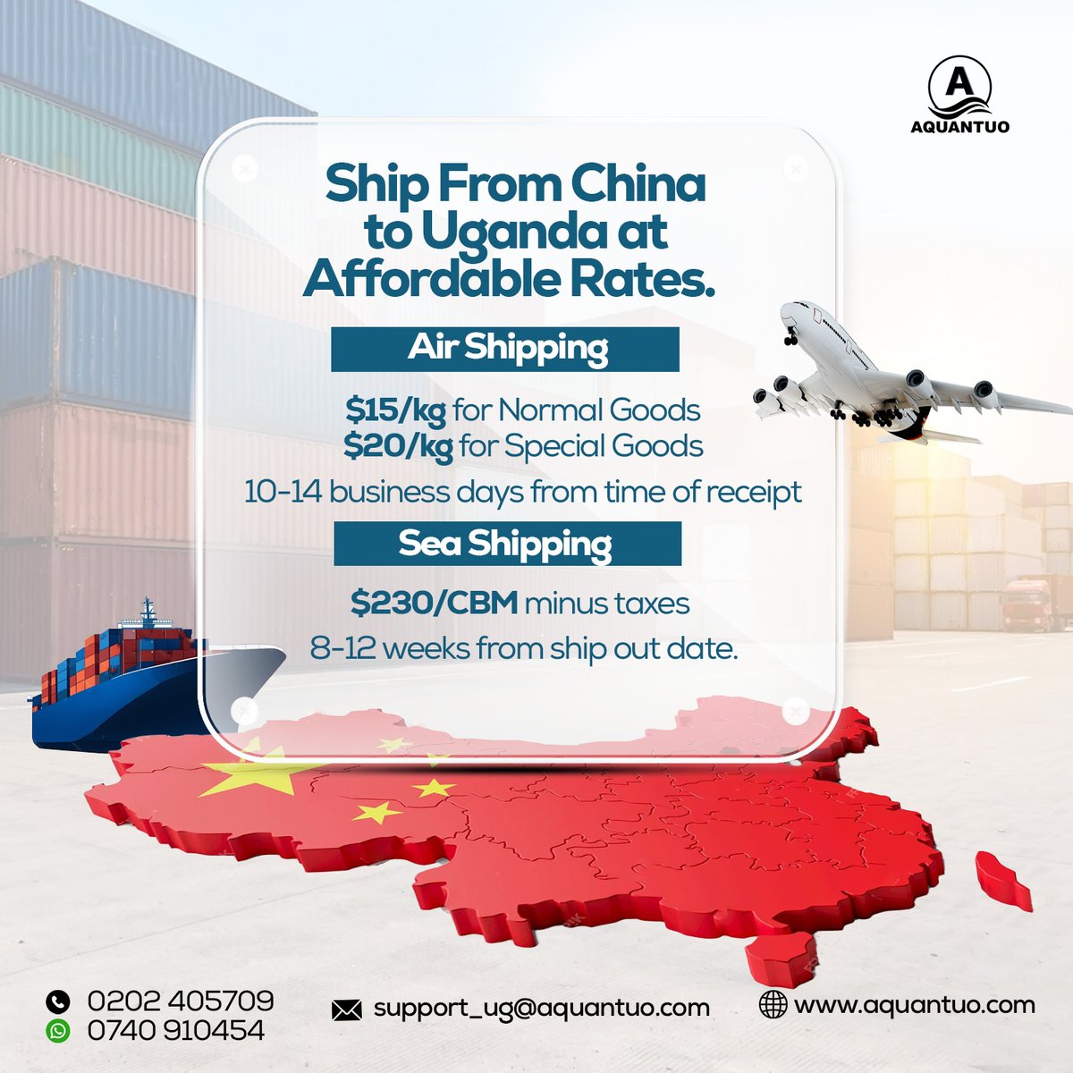 Shipping from China to Uganda is effortless with Aquantuo! 🚢✈️ Check out our competitive rates for both air and sea shipments. 📦

#Aquantuo #ChinaToUganda #ShippingSolutions #LogisticsExperts #GlobalShipping #InternationalTrade