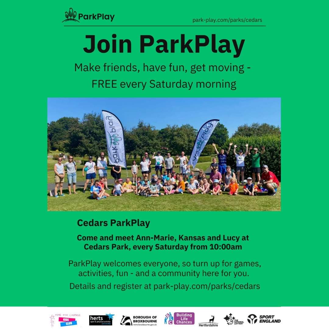 ActiveBrox's tweet photo. Don't forget ParkPlay this Saturday morning at Cedars Park in Waltham Cross from 10am. Fun for all the family. https://t.co/SoxGWn3xoS