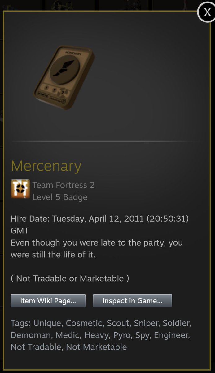 I have been getting back into Team Fortress 2 lately and only recently found out that the mercenary badge is given to everyone on first load and has the time you started down to the minute. I've been gone a LONG time.