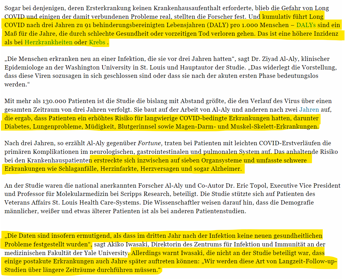 Nach 2 Jahren gibt es noch ein erhöhtes Risiko für langwierige COVID-bedingte Erkrankungen, darunter Diabetes, Lungenprobleme, Müdigkeit, Blutgerinnsel sowie Magen-Darm- und Muskel-Skelett-Erkrankungen.
Nach 3 Jahren kam nichts Neues dazu.

(Demenz kommt erst Jahrzehnte danach).