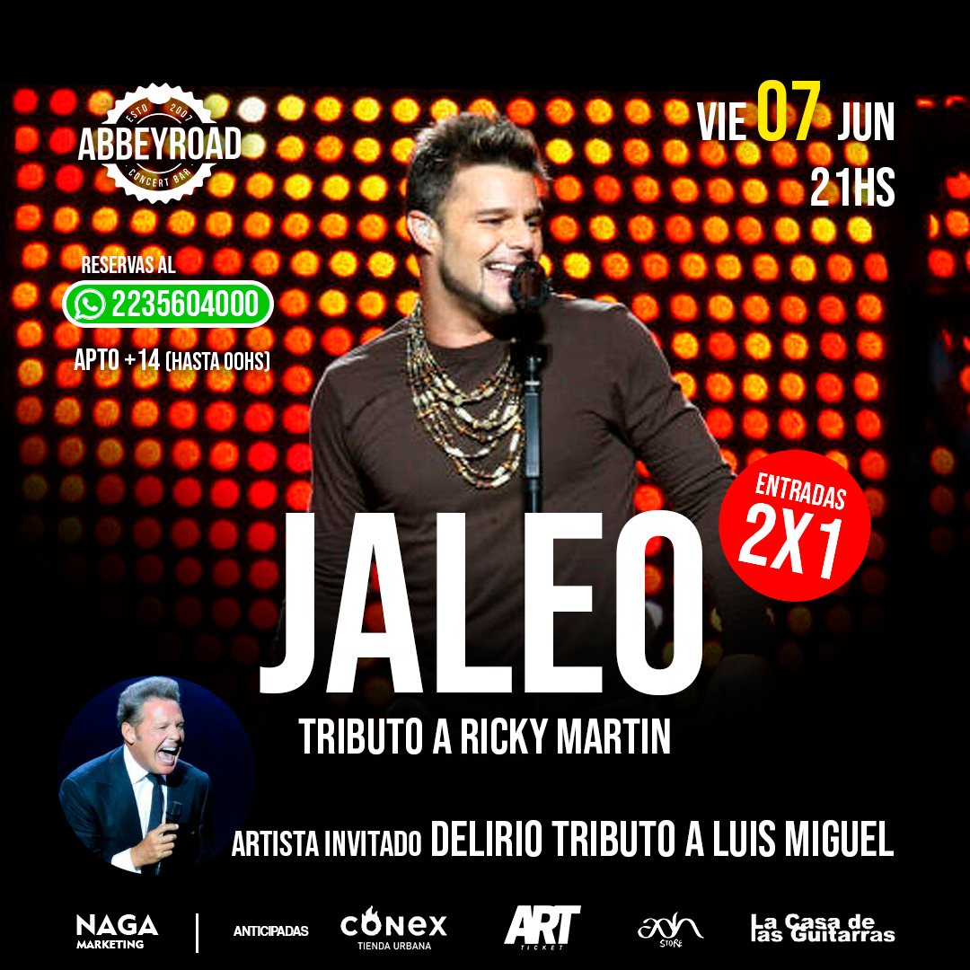 🎶 'Jaleo', el tributo marplatense a Ricky Martin, ¡llega con los mejores éxitos del puertorriqueño! 
Un show en el que se repasarán todos los éxitos del astro boricua.
📅 Vie. 7/06
⏰ 21:00 hs.
📍 Abbey Road