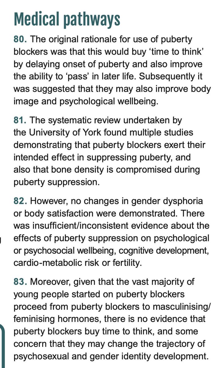 Britain has banned puberty blockers. This is the relevant portion of the Cass Report. Full document can be read here: cass.independent-review.uk/home/publicati…