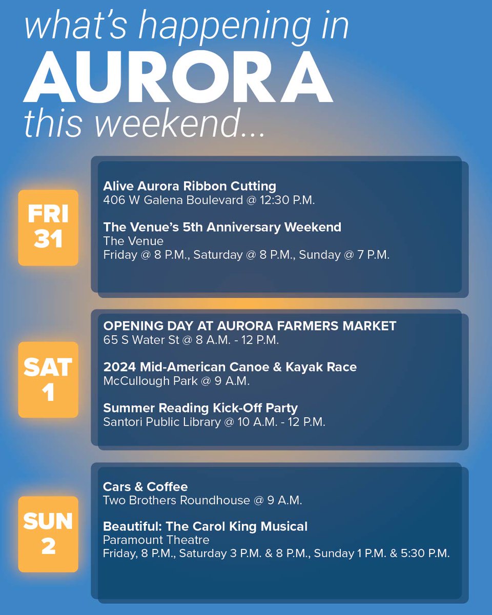 There are numerous reasons to be excited about this weekend - here are just a few 😉 We are THRILLED to have the Aurora Farmers Market return this Saturday! Be sure to follow their social media pages to get up-to-date vendor lists and happenings this market season! 🍓🌽