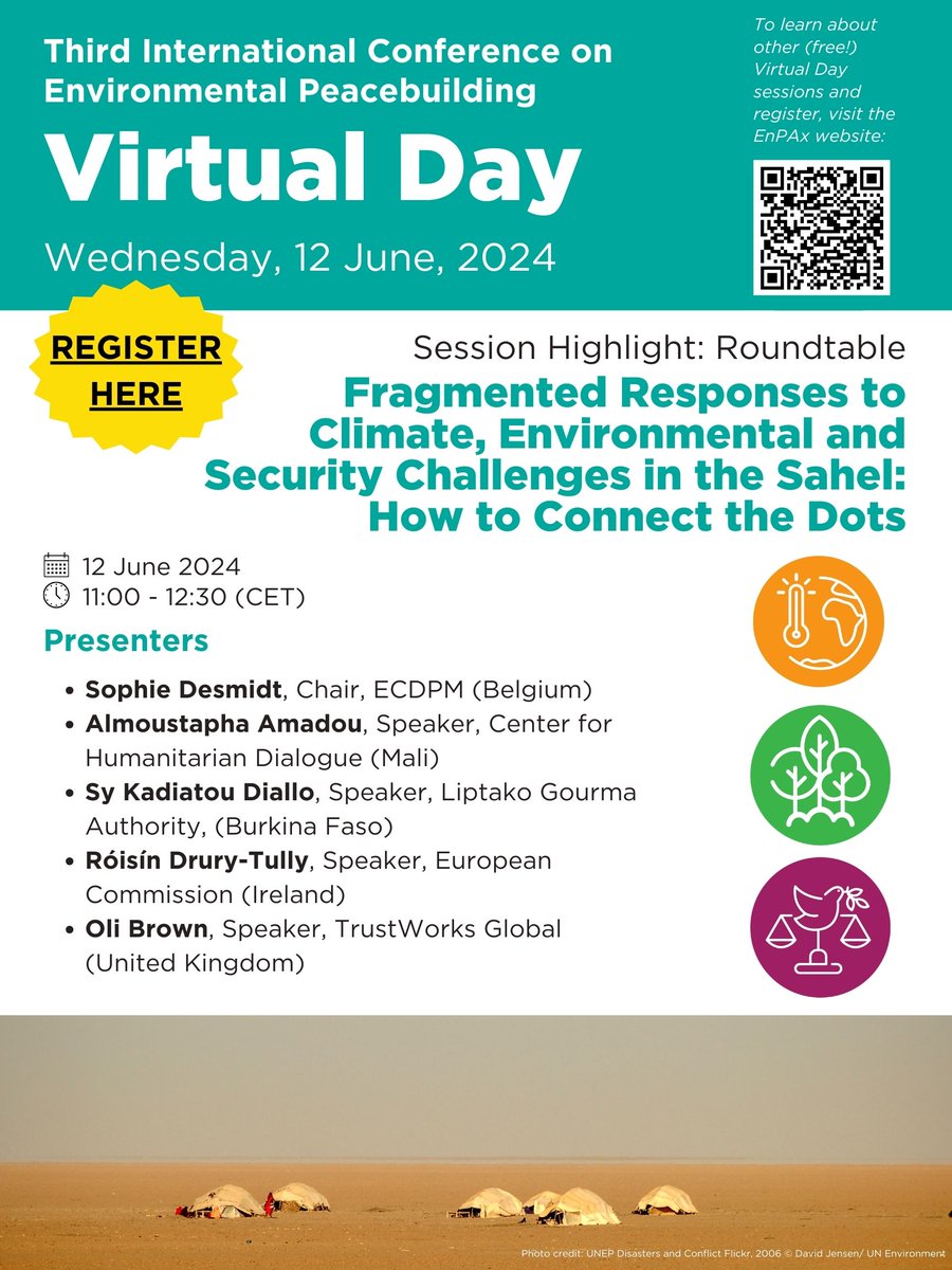 Join us for the Virtual Day Session 2 Highlight "Fragmented Responses to Climate, Environmental and Security Challenges in the Sahel: How to Connect the Dots" at 11am on June 12. The roundtable is contributing to the Third International Conference on Environmental Peacebuilding.