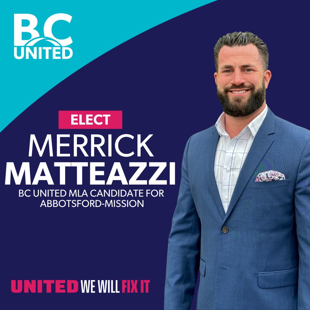 voteBCUnited's tweet image. Great News! We're excited to announce @votematteazzi as our Abbotsford-Mission candidate! 👏

A devoted husband &amp;amp; father, Merrick brings deep community ties and a vision for change to reverse the NDP's mismanagement.

🔗: votebcunited.ca/team2024/merri…