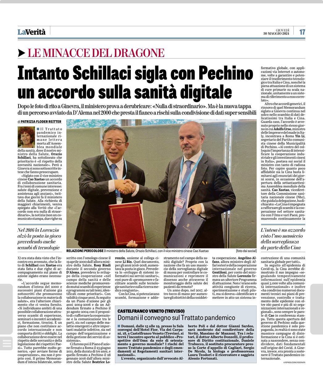 LA SANITA' DIGITALE AVANZA INESORABILE....  oggi Schillaci ha firmato l'accordo a Pechino. Il vero problema per cui il governo dovrà dare garanzie, è il rispetto dei dati sensibili, che non devono essere mai divulgati.Tutto è iniziato nel 2000 con #Dalema e proseguito con vari