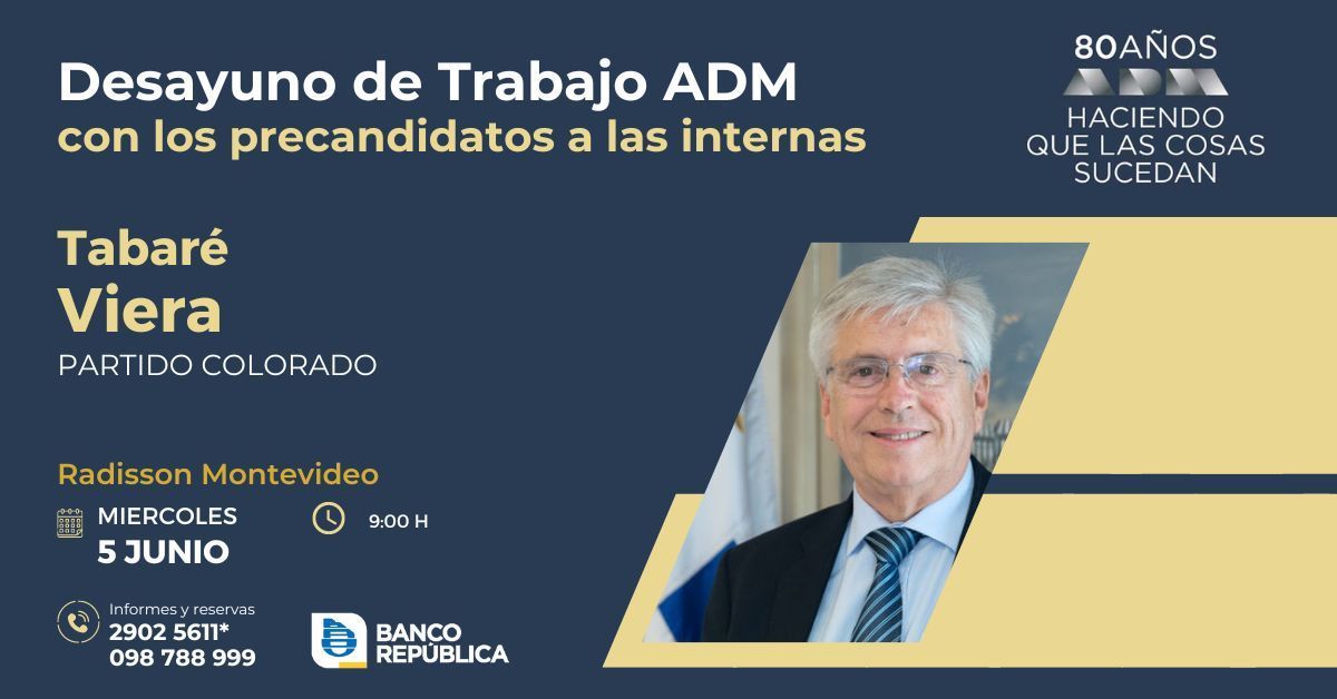 ☕🤝Ciclo de Desayunos de Trabajo de ADM con los Precandidatos a las internas. 🗣@Tabareviera, Precandidato por el @PartidoColorado, disertará el miércoles 05 de junio 📌Radisson Montevideo Por informes tinyurl.com/mtmrfjtb 098788999/ 29025611 #tabaréviera #partidocolorado