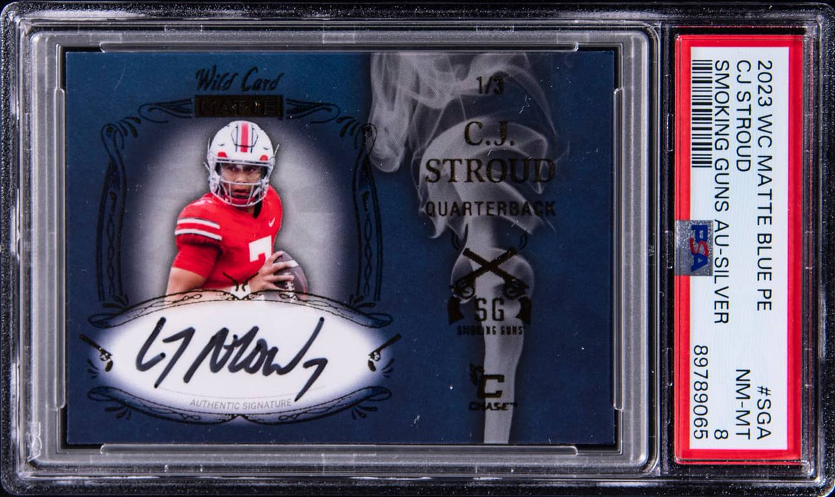 How many MVPs will C.J. Stroud win? 🏈 This 2023 Wild Card Matte Blue Premium Edition Smoking Guns Autograph Silver C.J. Stroud Signed Rookie Card (#1/3) is available in our Weekly Auction: bit.ly/3QWZB1w Open Extended Bidding starts TONIGHT at 10 PM ET
