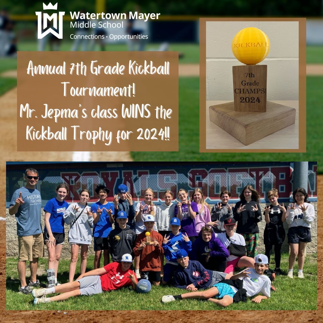 🏆🎉WMMS 7th Grade Kickball Champions Crowned!
Your WMMS 7th Grade Kickball Champions for 2024 is none other than Mr. Jepma's class!
🎉Congratulations!🎉 #WMOpportunities #WMConnections