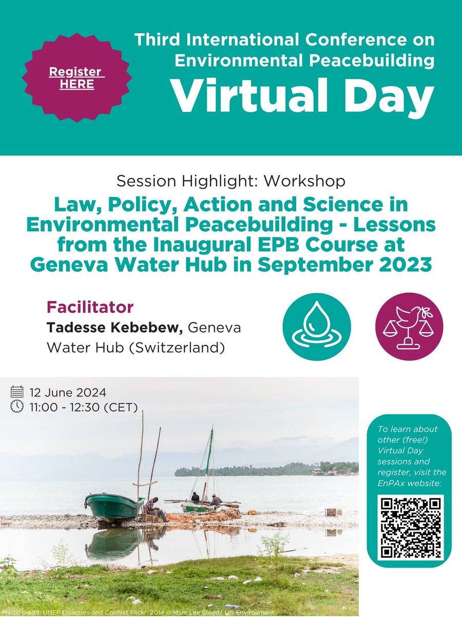 The Virtual Day of the Third International Conference on Environmental Peacebuilding is on June 12. Join us for "Law, Policy, Action and Science in Environmental Peacebuilding - Lessons from the Inaugural EPB Course at Geneva Water Hub in September 2023" during session 2 at 11AM.