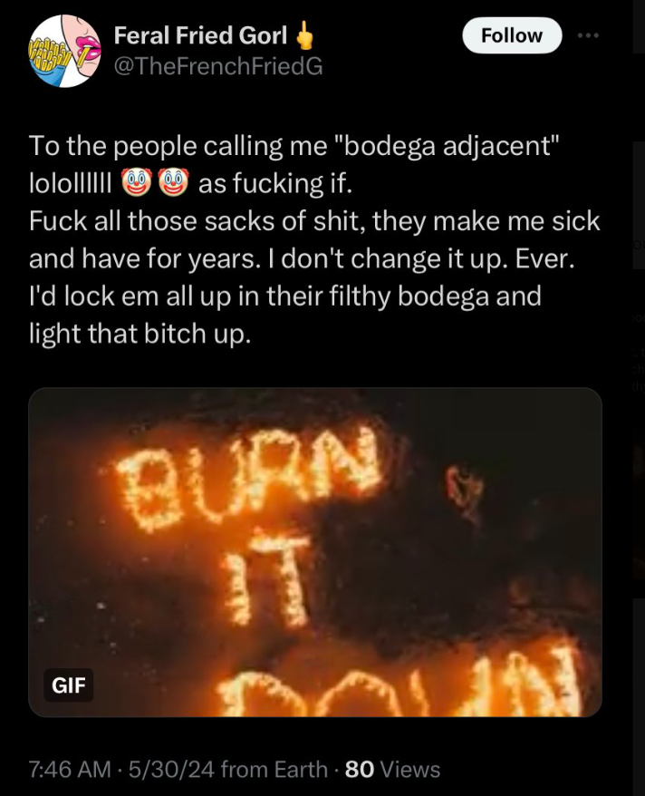 HaydurTater's tweet photo. Doesn't FFG say that anyone who associates with the attic or their followers are attic ajacent? So how is her supporting Y&amp;S any different now that they're aligned with the bodega? And she doesn't "change it up? Seriously? But the topper is her mafia tough guy threats again. https://t.co/7HZciHhUL4
