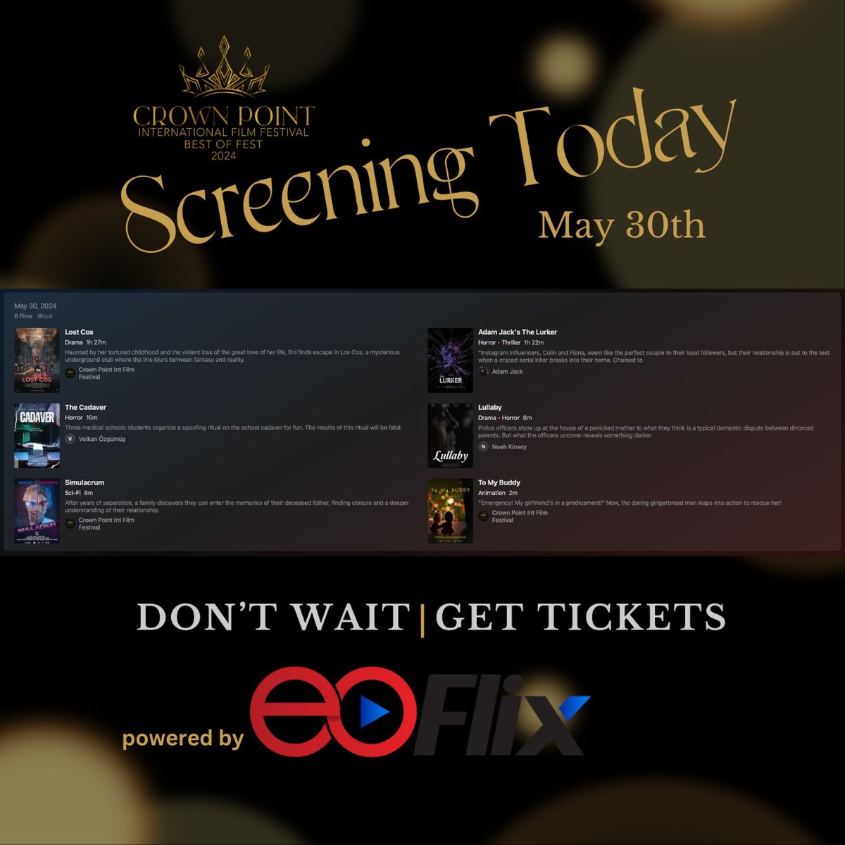 'The Lurker' is streaming tonight online for the Crown Point International Film Festival Best Of The Fest Today! Let's go!!

tickets>app.entertainmentoxygen.com/festivals/cpiff

#cpiff #filmmaker #awards #annualcompetition #internationalfilmfestival #mrl #actor #torontoactor #torontofilm #filmmaking