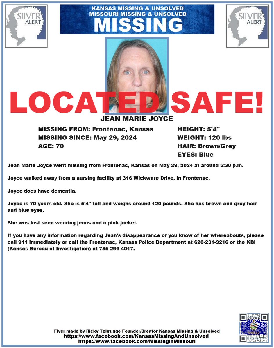 JEAN HAS BEEN #LOCATED SAFE!!! THANK YOU TO ALL WHO SHARED HER FLYER!!! #MISSINGPERSON #MISSING @AnnetteLawless #KansasMissing #MissingInKS #Kansas #FrontenacKS