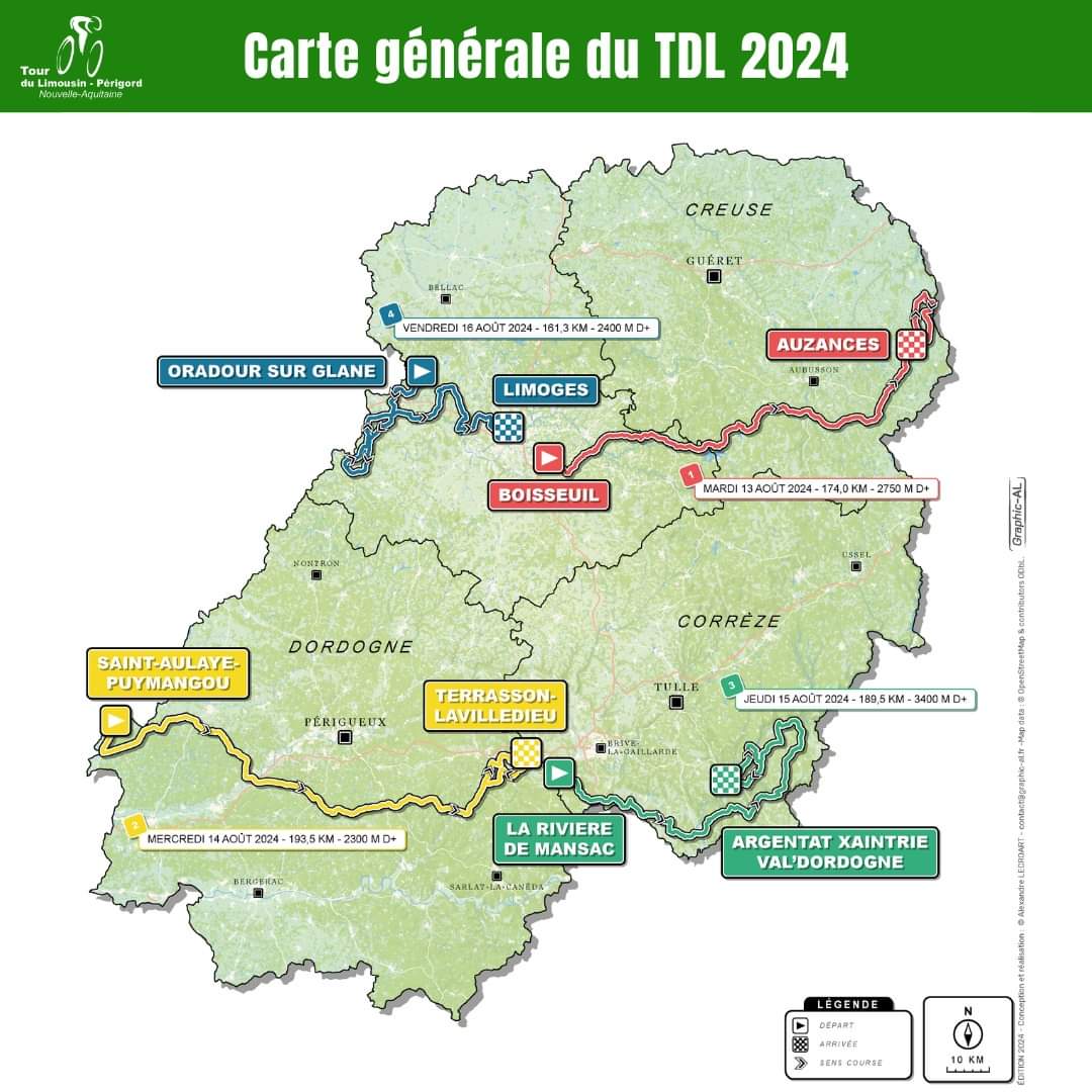 [Tour du Limousin]

Cette édition 2024 va tenir toutes ses promesses ! 🤩
718,3km attendent les coureurs sur cette 57e édition, à travers la @hautevienne_dep, le @Departement19, le @cddordogne et le @Departement_23.
#TDL2024 #TourduLimousin