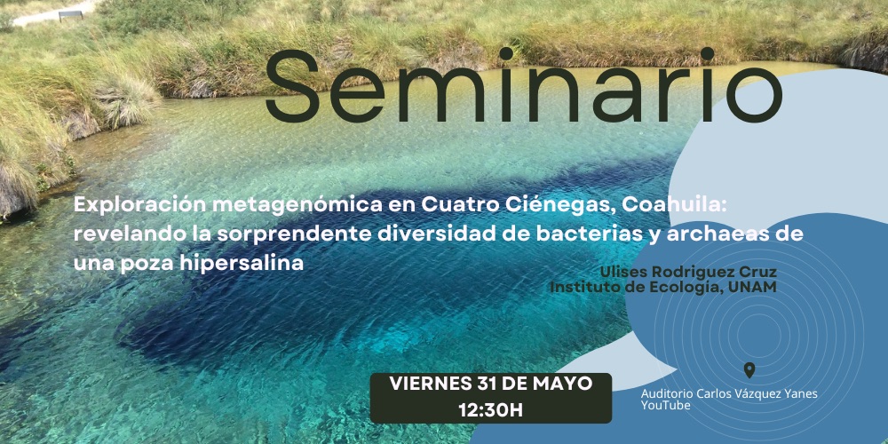 Tenemos el gusto de invitarlos este viernes 31 de mayo, 12:30, al Seminario Institucional, Instituto de Ecología, UNAM, Auditorio:
Exploración metagenómica en Cuatro Ciénegas, Coahuila: Revelando la sorprendente diversidad de Bacteria y Archaea  por Ulises Rodriguez
