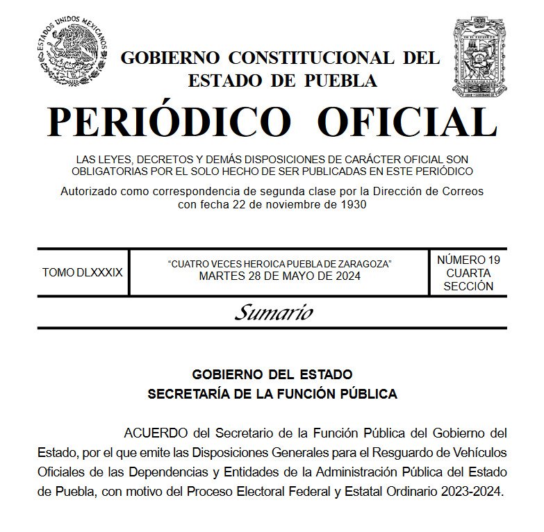 Decreto de la @FuncionGobPue que emite las disposiciones para el resguardo de vehículos oficiales de las dependencias y entidades de la Administración Pública del Edo. de Puebla, con motivo del proceso Electoral Federal y Estatal Ordinario 23-24.

periodicooficial.puebla.gob.mx/media/k2/attac…