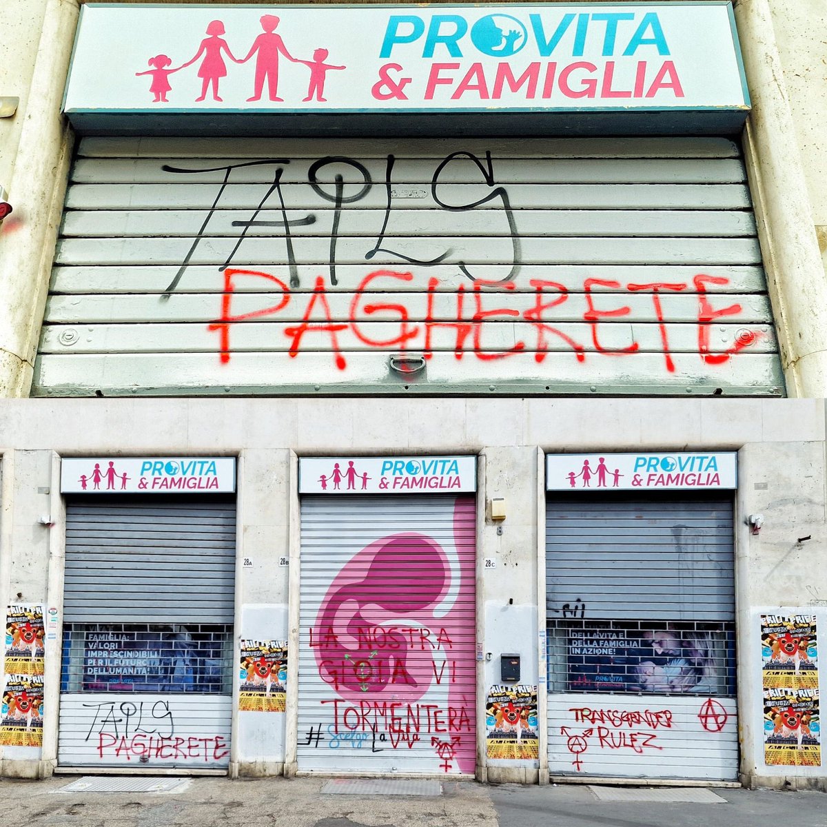🔴 12 ATTACKS IN 3 YEARS 
IT MEANS = PERSECUTION

“YOU WILL PAY”
“WE'LL NOT GIVE YOU PEACE”
“TRANS RIOT”

These are some of the threats found this morning on the shutters of @ProVitaFamiglia national headquarters in Rome, Italy, made during the night with spray cans by LGBTQAI+