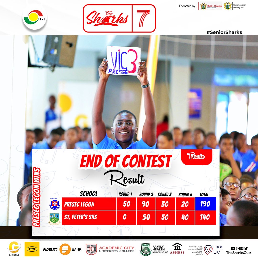 IT'S VIC3 for PRESEC! 🔵 Congratulations to PRESEC Legon for wining the contest. PRESEC Legon has successfully defended the title. #TheSharks #Sharks7