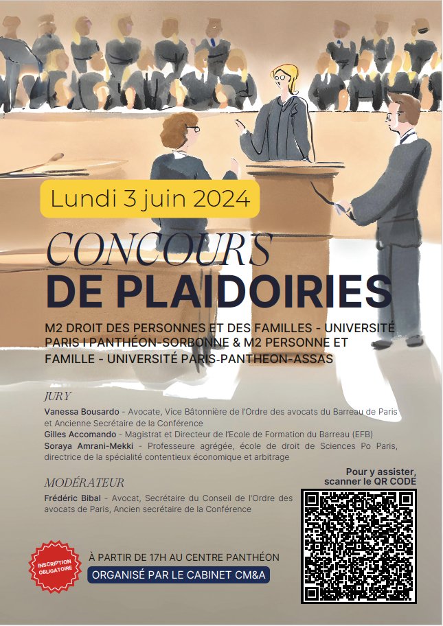 🏆 2 Masters, 1 trophée

💬 Les étudiants du M2 Droit privé Parcours Droit des personnes et des familles d' @assasuniversite affrontent les étudiants du M2 Personne et Famille de @sorbonneparis1 dans un concours de plaidoiries ! #AssasUniv 

🔍 + d'infos : assas-universite.fr/fr/evenements/…