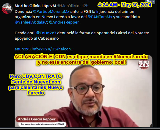 ACLARACION: @fgcabezadevaca  ¡Por supuesto q NO CONTROLA al CARTEL DEL NORESTE de #NuevoLaredo  esos apoyan al gobierno local !ASÌ QUE ES FALSA ESA NOTA!
CABEZA DE VACA envio gente de los limites de Nuevoleon a #NuevoLaredo a calentarles la plaza
HAY QUE SER CLAROS #NarcoEleccion