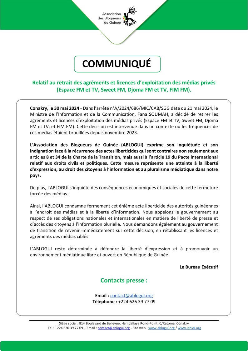 kingdiak's tweet image. COMMUNIQUÉ
Relatif au retrait des agréments et licences d’exploitation des médias privés (Espace FM et TV, Sweet FM, Djoma FM et TV, FIM FM).
#Kibaro #ABLOGUI