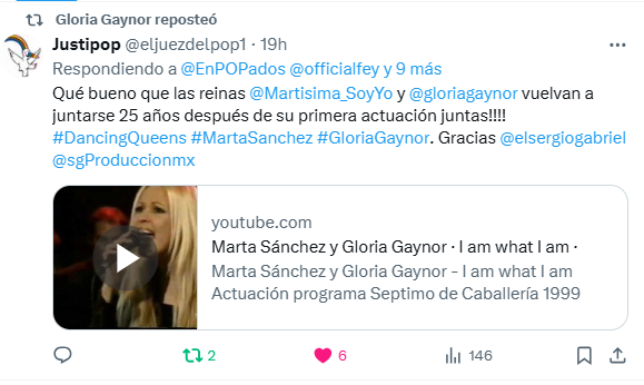 La legendaria @gloriagaynor ha reposteado mi publicación de su dueto con @Martisima_SoyYo!! 😍🥰 Muy pronto las dos juntas de nuevo en México gracias a @elsergiogabriel!! #GloriaGaynor #MartaSanchez #Martisima #DancingQueens #Divas