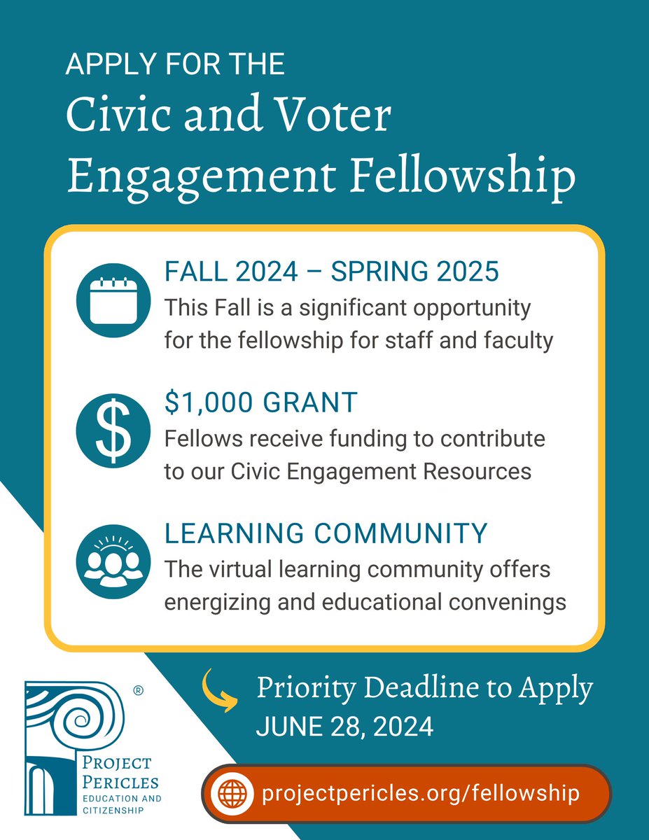 #PaceU faculty and staff are invited to apply to the Project Pericles Civic and Voter Engagement Fellowship!  Fellows will embed voter education into a humanities course or develop co-curricular programming while participating in a virtual community. Contact us for more info!