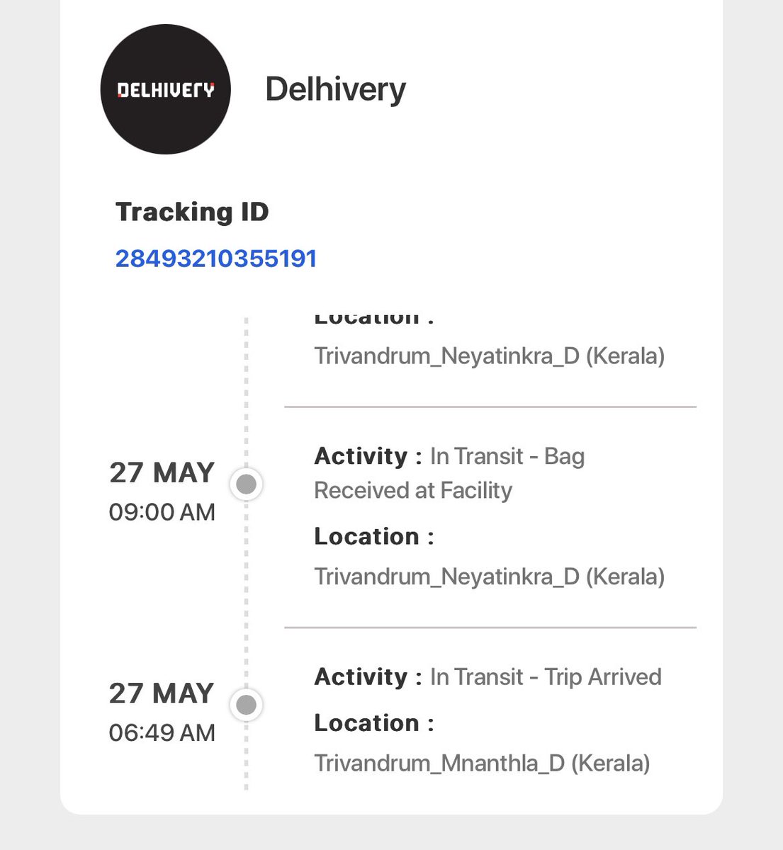GitheshR's tweet photo. @delhivery @help_delhivery A package of mine from Cochin to Trivandrum seems to have reached Tirunelveli (that too via Trivandrum 🤷🏻‍♂️!). Mind delivering it to me? Thanks! https://t.co/vsQNutdsvN