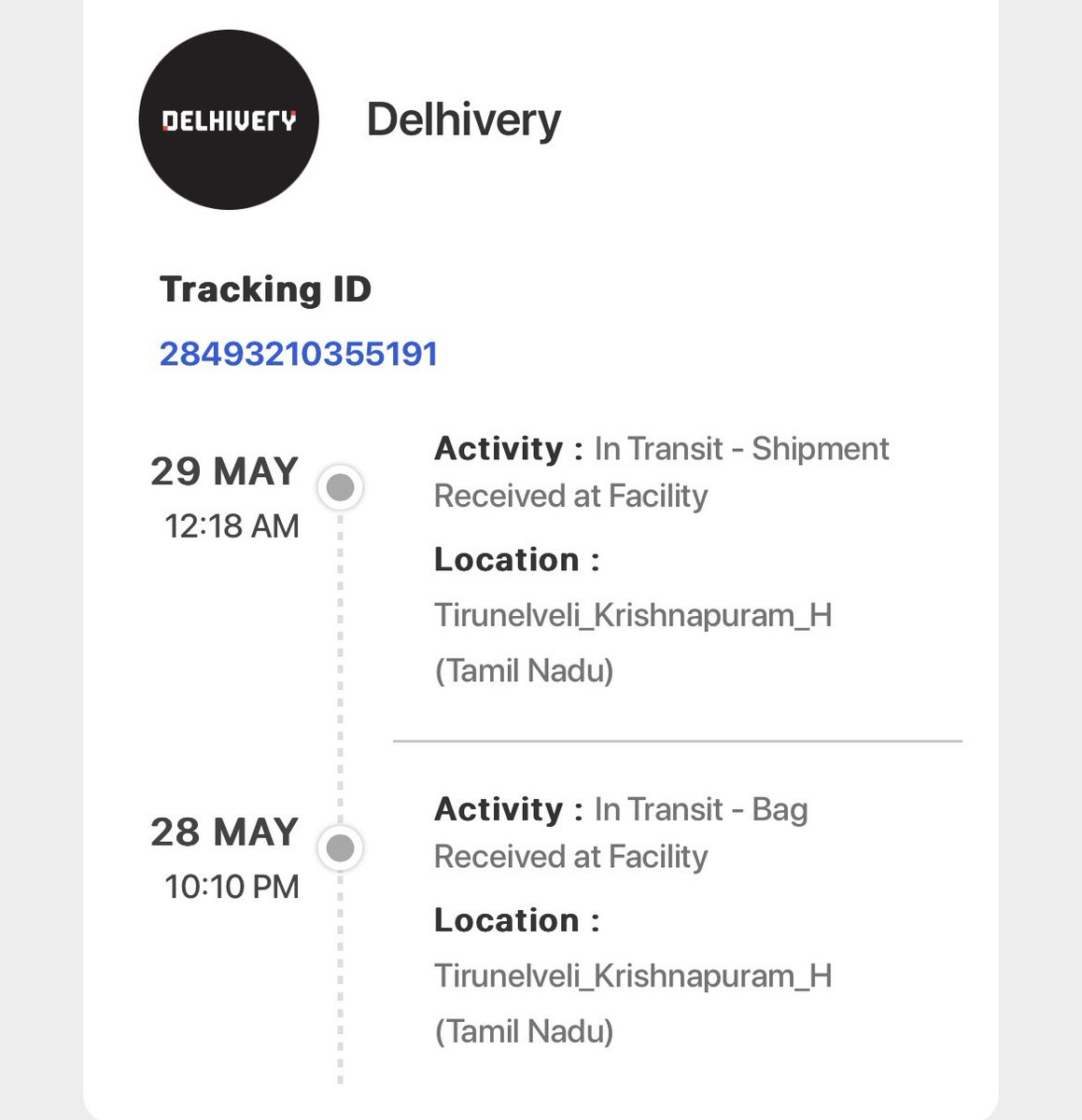 GitheshR's tweet photo. @delhivery @help_delhivery A package of mine from Cochin to Trivandrum seems to have reached Tirunelveli (that too via Trivandrum 🤷🏻‍♂️!). Mind delivering it to me? Thanks! https://t.co/vsQNutdsvN