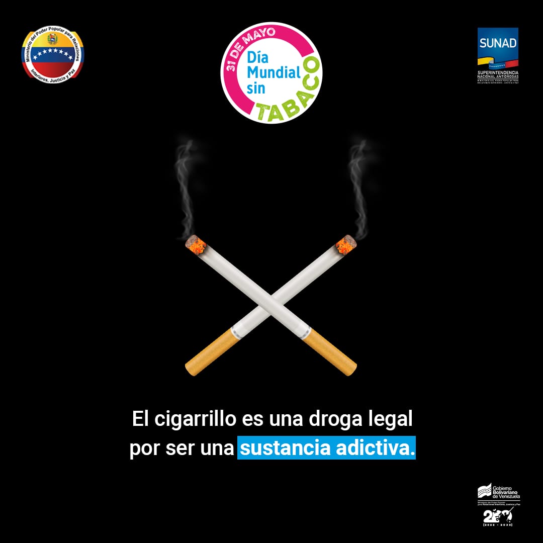 🗣️ ¡ATENCIÓN!

El tabaco es una droga estimulante del sistema nervioso central. Uno de sus componentes, la nicotina, posee una enorme capacidad adictiva, y es la causa por la que su consumo produce dependencia.

#DíaMundialSinTabaco2024

¡Venezuela libre de tabaco!