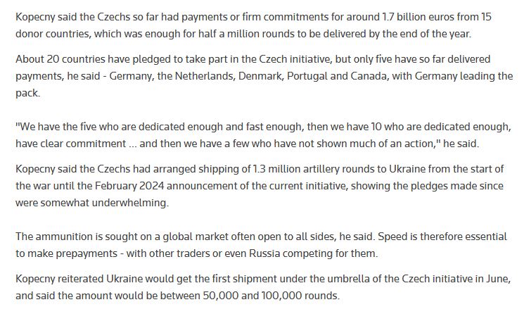 🇨🇿🇺🇦 Just 5 out of the 20 countries which have made commitments to the Czech artillery ammo initiative have actually delivered payment: Germany, the Netherlands, Denmark, Portugal & Canada As a result, Russia is able to secure the ammunition for itself. There are commitments